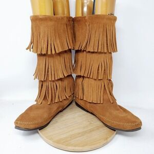 Minnetonka Boots Womens 8 3 Layer Fringe‎ Brown Suede Shoes Minimalist Festival